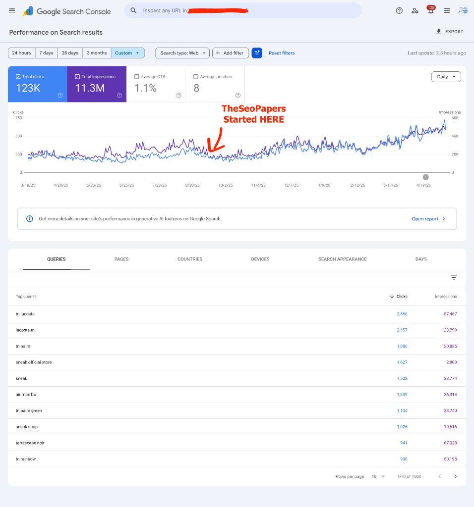 Google Search Console chart showing organic clicks and impressions growth for a D2C sneaker brand